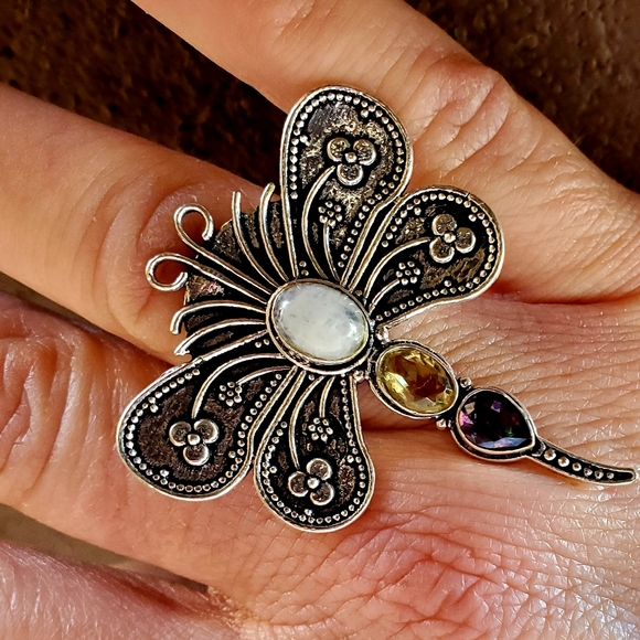 New Multi Gemstone 925 Silver Dragonfly Ring. - Picture 4 of 13